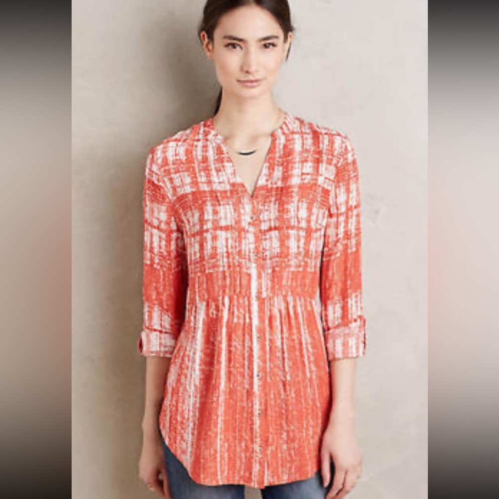 MAEVE Anthro Women’s 10 M Red & White Abstract Print Rayon Button Up Top in EUC